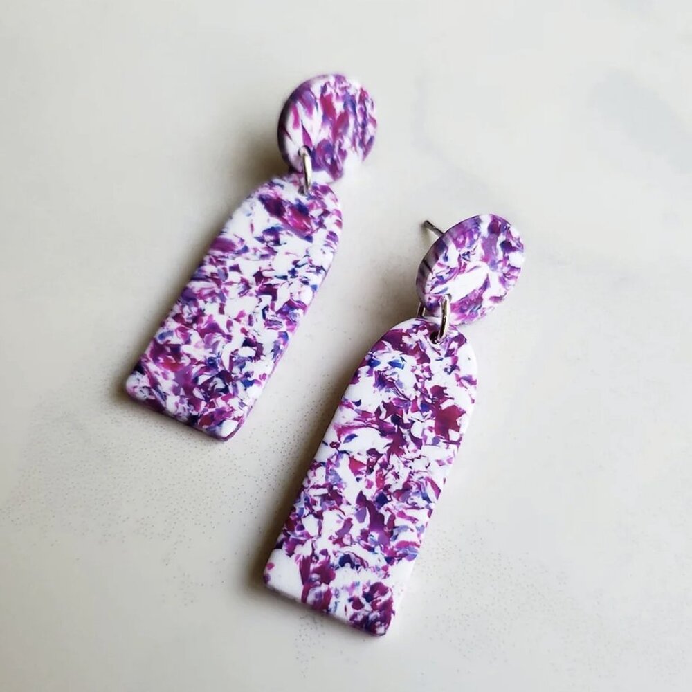 BRAND NEW! Fuchsia Terrazzo Marble Earrings | Polymer Clay | Pink Purple + White
